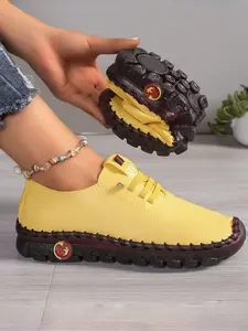 Women's Classic Leather Casual Flats, Trainer – Handmade Stitching, Soft Comfortable Lace-Up Walking Shoes, Non-Slip Durable Rubber Sole, Lightweight Solid Color Slip-On Style, Perfect for Daily Casual Wear, Sports & Outdoor Activities