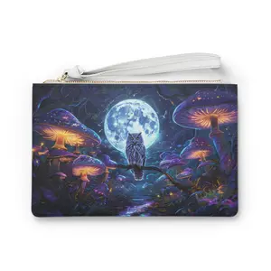 Fantasy Owl In A Mushroom Forest Faux Leather Clutch Bag - Enchanted Woodland Night Pouch, Magic Bird Evening Purse, Whimsical Fairy Tale
