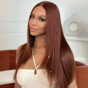 CurlyMe Layered Cut Reddish Brown Straight Hair 7x5 Pre-Cut Swiss Lace Wear Go Glueless Wigs With Adjustable String