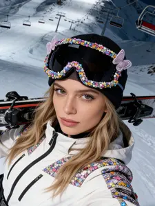 Unisex Fashion Ski Goggles with Butterfly Decoration, PC Anti-Explosion Lenses, Criss Cross Design, UV Protection Sunglasses