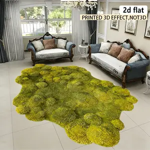 2D flat, irregular carpet/rug with green moss or lichen pattern, machine washable carpet, easy to clean, slip-resistant, fashionable mats and carpets, suitable for living room, bedroom, kitchen, laundry room, spring/summer new arrivals