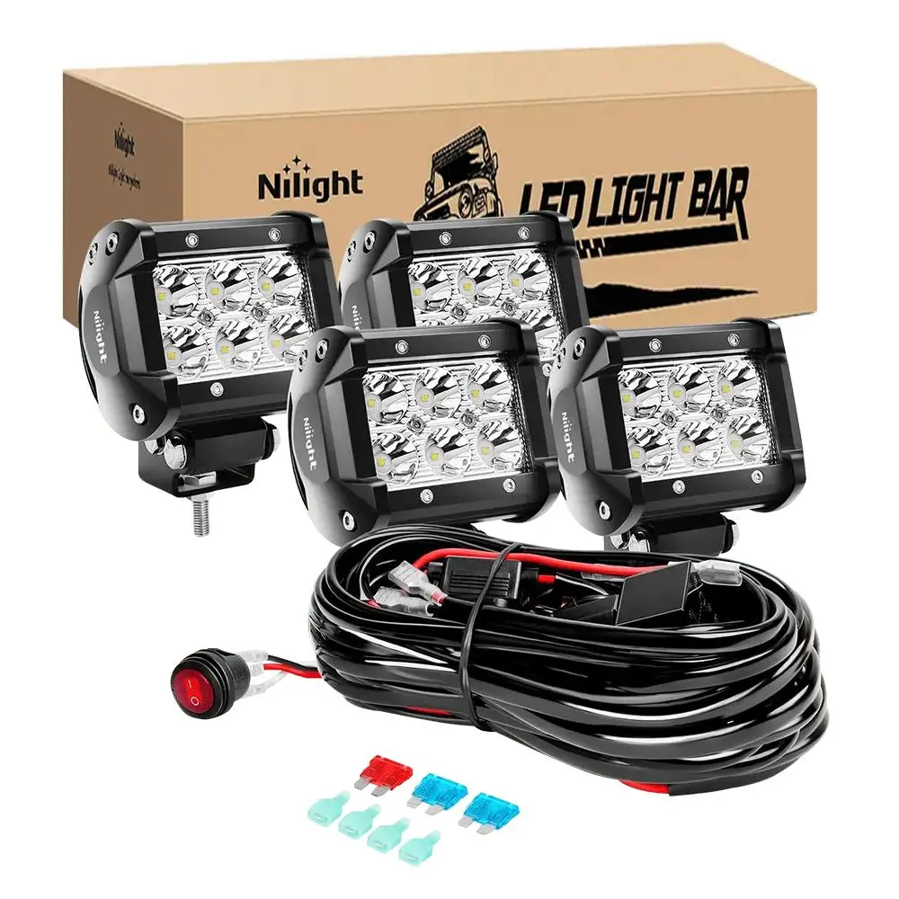 Nilight 4-Inch LED Work Lights (2 Pairs), 18W 6×3W Power Double Row Spot Beam, 1260LM Bright Aluminum Mountable Pods, 10FT Wire, 3-Pin Switch, for Automotive & Motorcycle Car Light Bars
