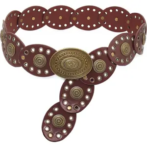 Wide Disc Belt for Women Hollow Leather Belts Vintage Western Waist Belt for Dress