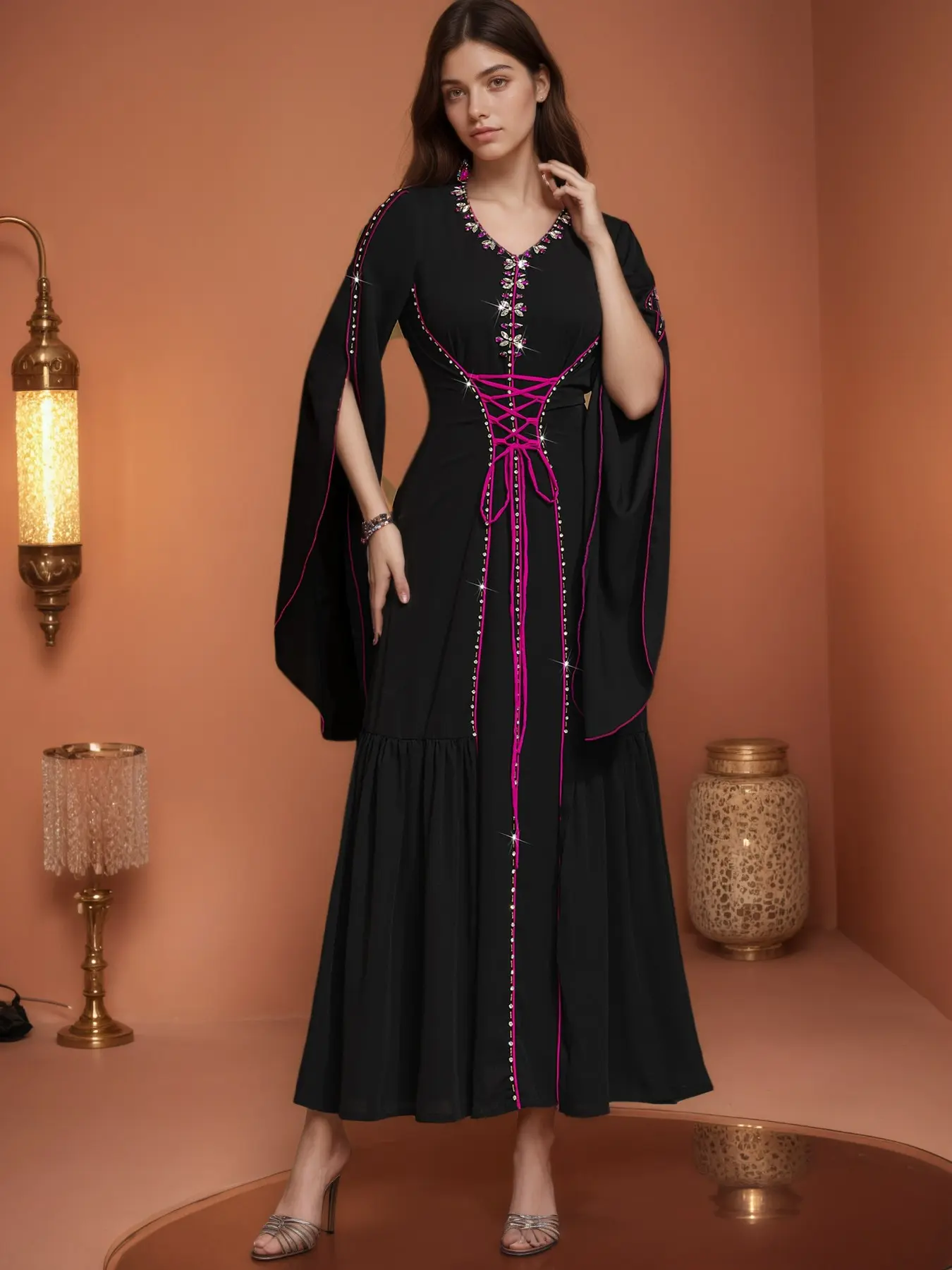 Middle East Dubai Muslim Fashion Modesty Abaya Dress, Embroidered Beaded Evening Gown for Women, Stylish Long Robe for Special Occasions, Modest Muslim Outfits, Rhinestone Abaya