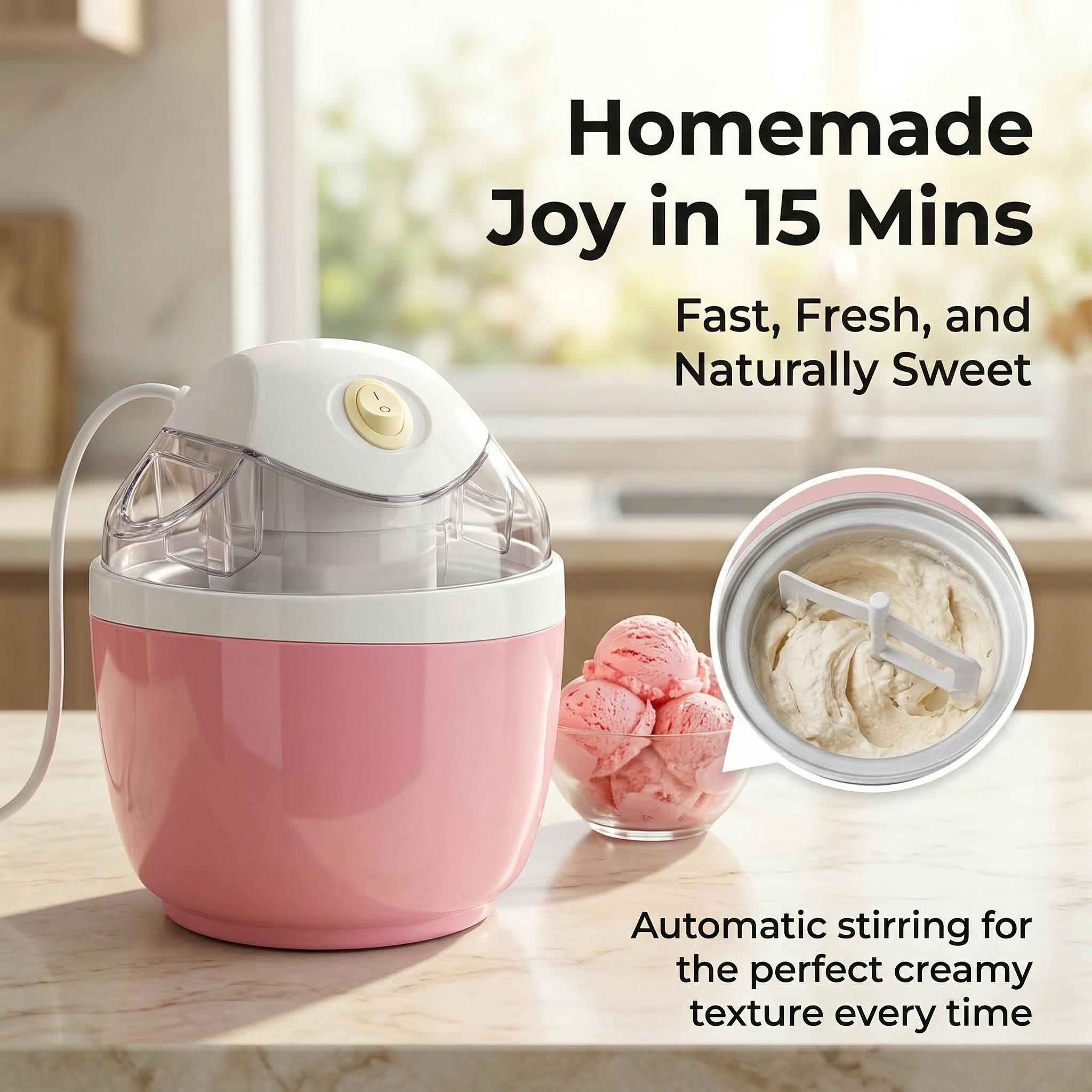 Make Ice Cream in 15 Minutes! Compact Electric Ice Cream Maker with Auto Stir, Easy DIY Healthy Frozen Treats at Home, Perfect for Summer Desserts & Family Fun