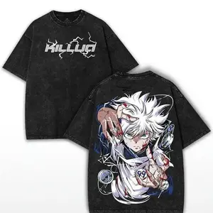 Killua Zoldyck Hunter x Hunter Oversized Washed Tee – Double Printed Cotton Anime Shirt | Perfect for TikTok Otaku Fans Crew Neck, Regular Fit - Machine Washable, Comfortable Cotton Crew Neck Short Sleeve Graphic Print T-Shirt, Black, Sizes S to XXXL