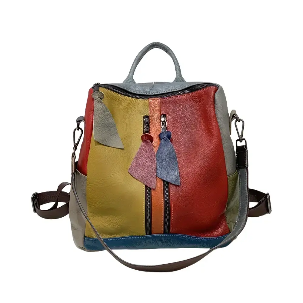 Vintage Leather Backpack - Luxury Genuine Leather Elegant Daypack for Women with Detachable Shoulder Strap, Color Block Design, Sophisticated Style