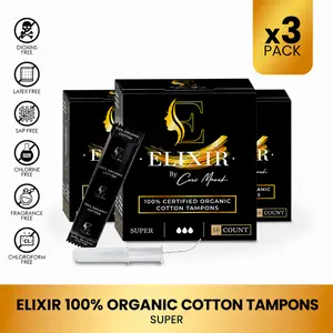 3 Pack Coco March Elixir Organic Cotton Tampons, Super Feminine Care Tampons for Women (16ct) Comfort Hypoallergenic