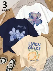 Women's 3-Pack Trendy Oversized Round Neck Short T-shirts, Vintage Floral & Lemon Print Tops, Comfortable & Versatile Tees, Ideal for Summer Daily Wear