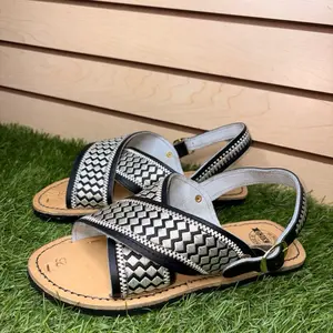 Crossed Mexican Huarache Sandals - Black & White Woven Design with Comfortable Sole