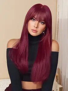 Beginner-Friendly Wig with Bangs for Women 99J Red Wine Long Straight Face-Framing Layered Hairstyle 4x4 Realistic Scalp Comfortable Rose Net Glueless Heat-resistant Synthetic Wigs for Daily/Party/Dating Use