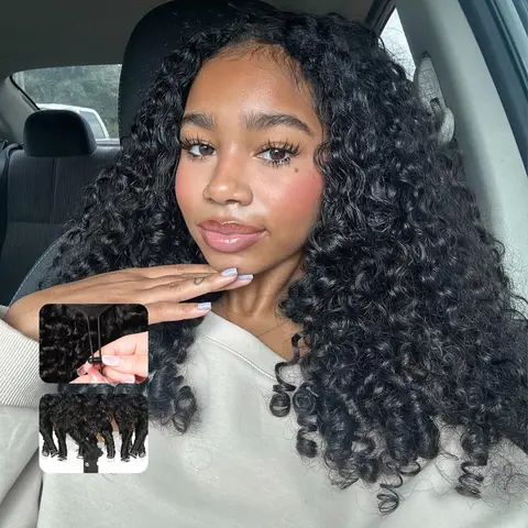 [3 In 1 Half Wig] 180% Density Glueless Burmese Curly Half Wig Human Hair Glueless Wigs Human Hair Burmese Curly for Women Drawstring Seamless Flip Headband Wig Beginner Friendly