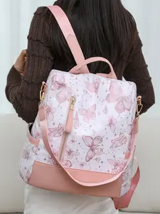 Women's Butterfly Print Portable Travel Backpack, Large Capacity Travel Bag with Tassel Design, Casual Fashion Shoulder Bag for Women