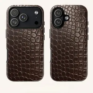 Brown crocodile leather textured phone case, supports MagSafe wireless charging, light luxury anti-drop protective cover, compatible with iPhone 17 16 16E 15 14 13 12 11 Pro Max  shockproof hard PC dual-layer back cover, digital accessory, smartphone cute