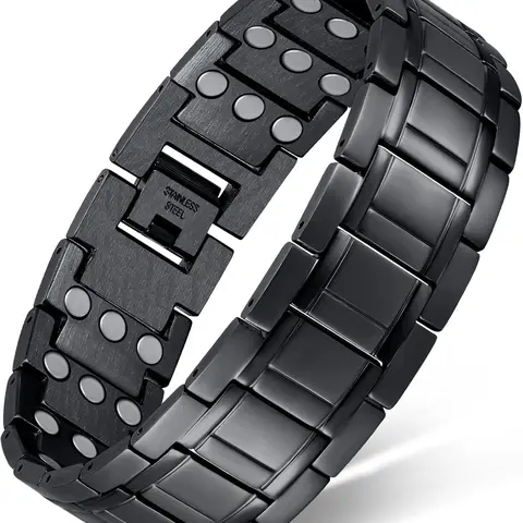 Unisex Retro Black Stainless Steel Magnetic Bracelet & Ring Set - Adjustable Mechanism, Stackable Design, Bracelet Stacking, Sizing Tool, Comfortable Fit, Sleek Metal Jewellery Accessory