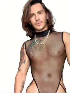 Sexy Men's Fishnet Bodysuit, Hollow Out Transparent Temptation, All over Print Design, Comfortable & Stylish Fit