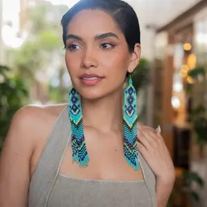 Blue Prism - Native Beaded Earrings with Geometric Huichol Design - Handmade by Mexican Artisans - Mother Sierra