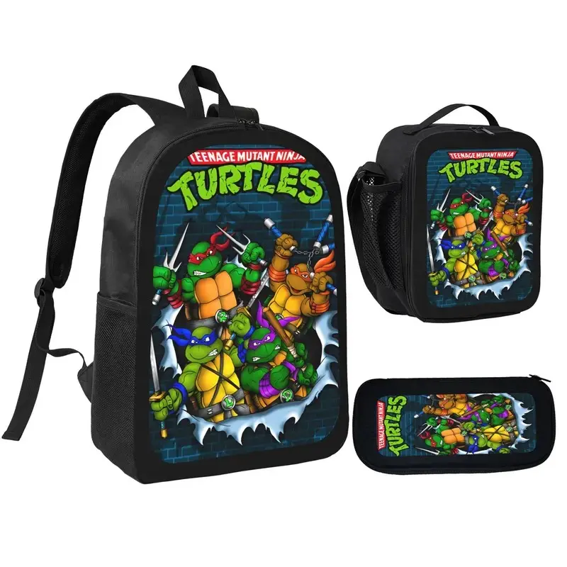 Teenage Mutant Ninja Turtles 3-in-1 Backpack, includes lunchbox and pencil case, suitable for boys, girls, and teenagers. Lightweight and spacious, made of 600D Oxford cloth, adjustable shoulder straps, and comfortable mesh back padding.