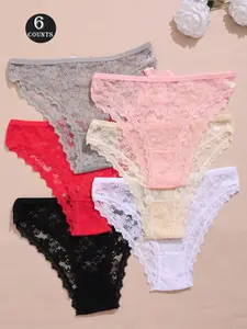 Women's Lace Patchwork Comfort Triangle Panties, 6 Pieces Set, Soft and Breathable, Perfect for Daily Wear, Ladies Underwear, Casual Breathable Knicker, Casual Comfy Panties