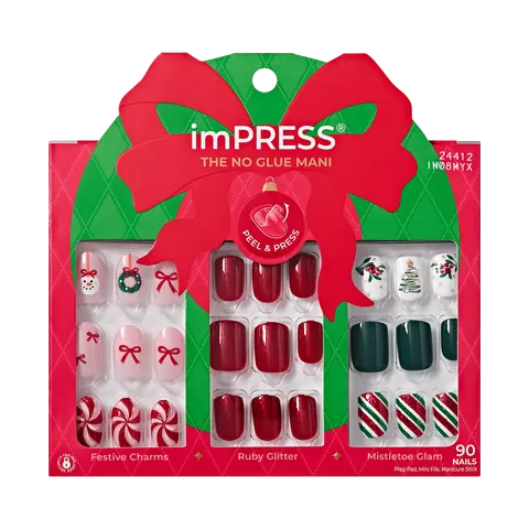 Impress Design Holiday No Glue Fake Press On Nails - Merry Muse Gift Set | Design, Multicolor, Short, Squoval, 3 Manicure Sets Included