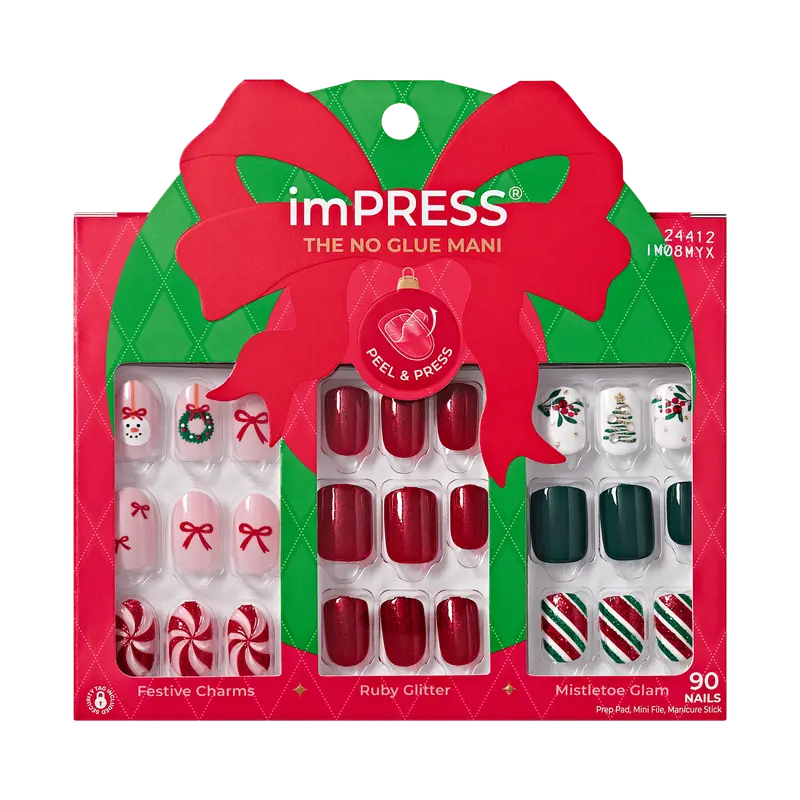 Impress Design Holiday No Glue Fake Press On Nails - Merry Muse Gift Set | Design, Multicolor, Short, Squoval, 3 Manicure Sets Included