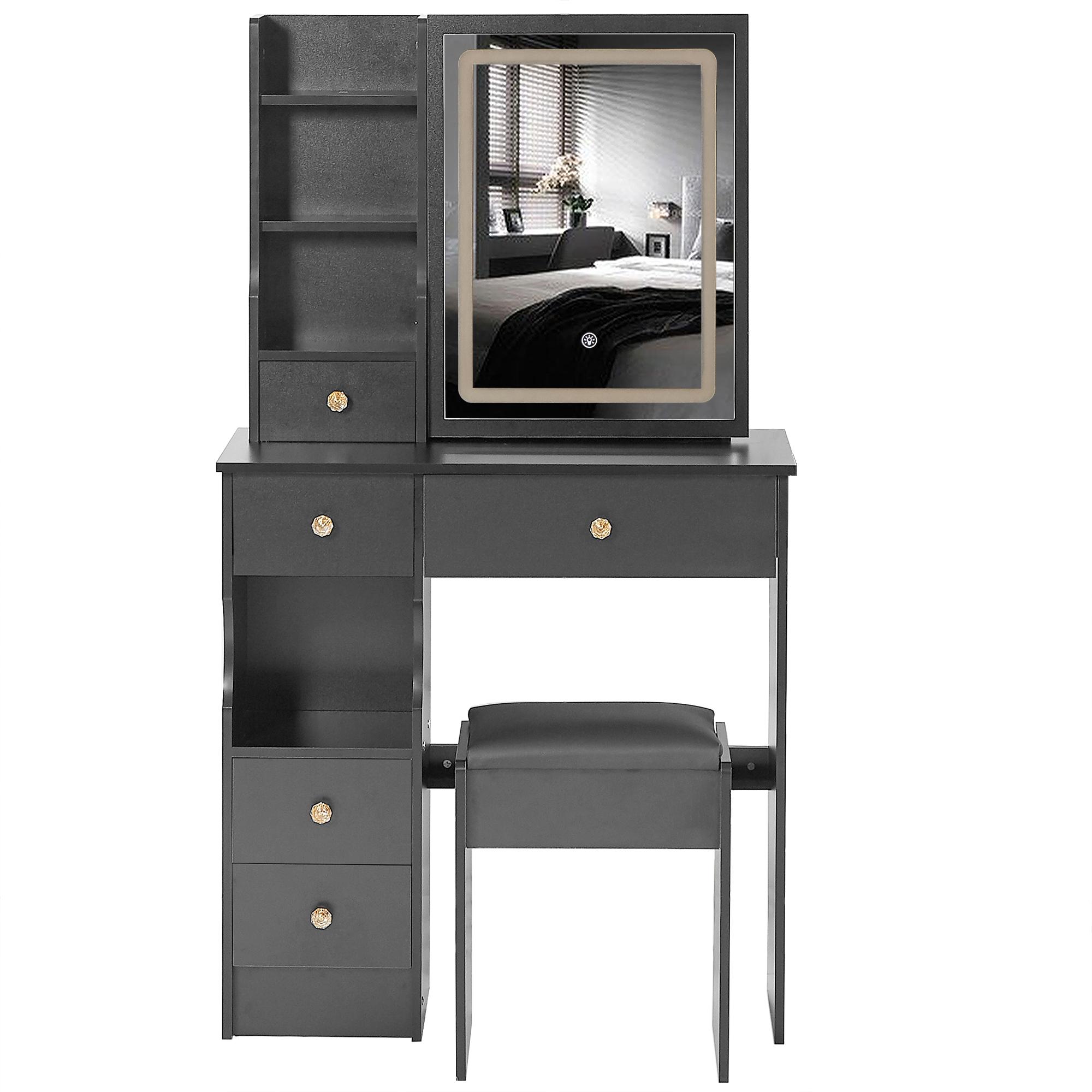 29.2" Small Size Left Drawer Desktop Vanity Table + Cushioned Stool, Large Sliding, Touch Control, Tri-color Switching, Brightness Adjust LED Mirror, High Capacity Storage, Suitable for Small Space 29.2" Small Size Left Drawer Desktop Vanity Table + Cushioned Stool, Large Sliding, Touch Control, Tri-color Switching, Brightness Adjust LED Mirror, High Capacity Storage, Suitable for Small Space