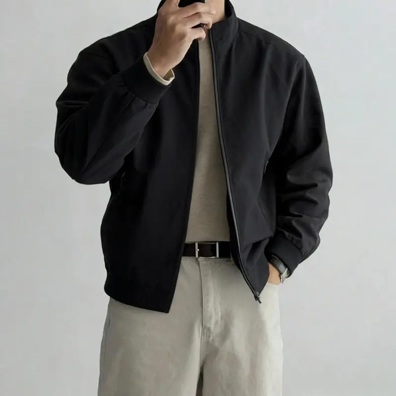 Men's Solid Collared Harrington Jacket - Male Clothing, Casual, Fitted, Long-Sleeve Pull-On Streetwear Outerwear for Everyday Wear