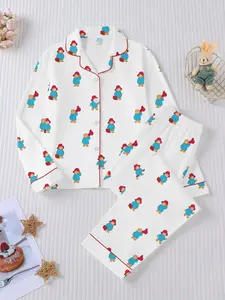 2-piece doll bear print children's outerwear sleepwear set, flame retardant long sleeved lapel cardigan top and loose elastic pants, children's sleepwear and home clothing set, Cartoon Print Pajama