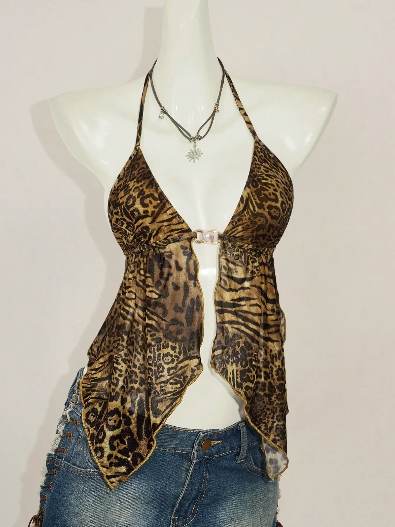 Summer Stylish Sexy Backless Fitted Halter Neck Top in Vintage Leopard Print, Sheer Mesh Sleeveless Blouse for Beach Vacation, Women's Casual Wear, Womenswear, Backless Tops, Casual Beach Tank