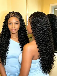 22 Inch 13*6 Lace Fan Part Cornrow Braided Wig, Deep Wave Curly Ends, Pre-Plucked Baby Hair, Adjustable Cap, Synthetic Fiber, Curly Braided Wigs