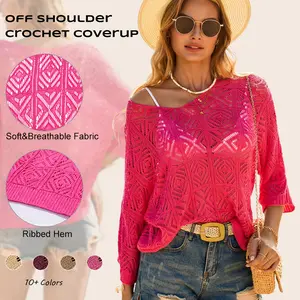Imily Bela Womens Crochet Cover Up Top Summer 3/4 Sleeve Off Shoulder Sweater Shirts Mesh Boho Beach Swimsuit Coverup