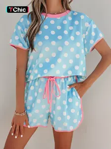 Summer Casual Dot Print Colorblock 3-Button Round Neck Short Sleeve Top and High Waist Shorts Set, Comfortable Daily Wear