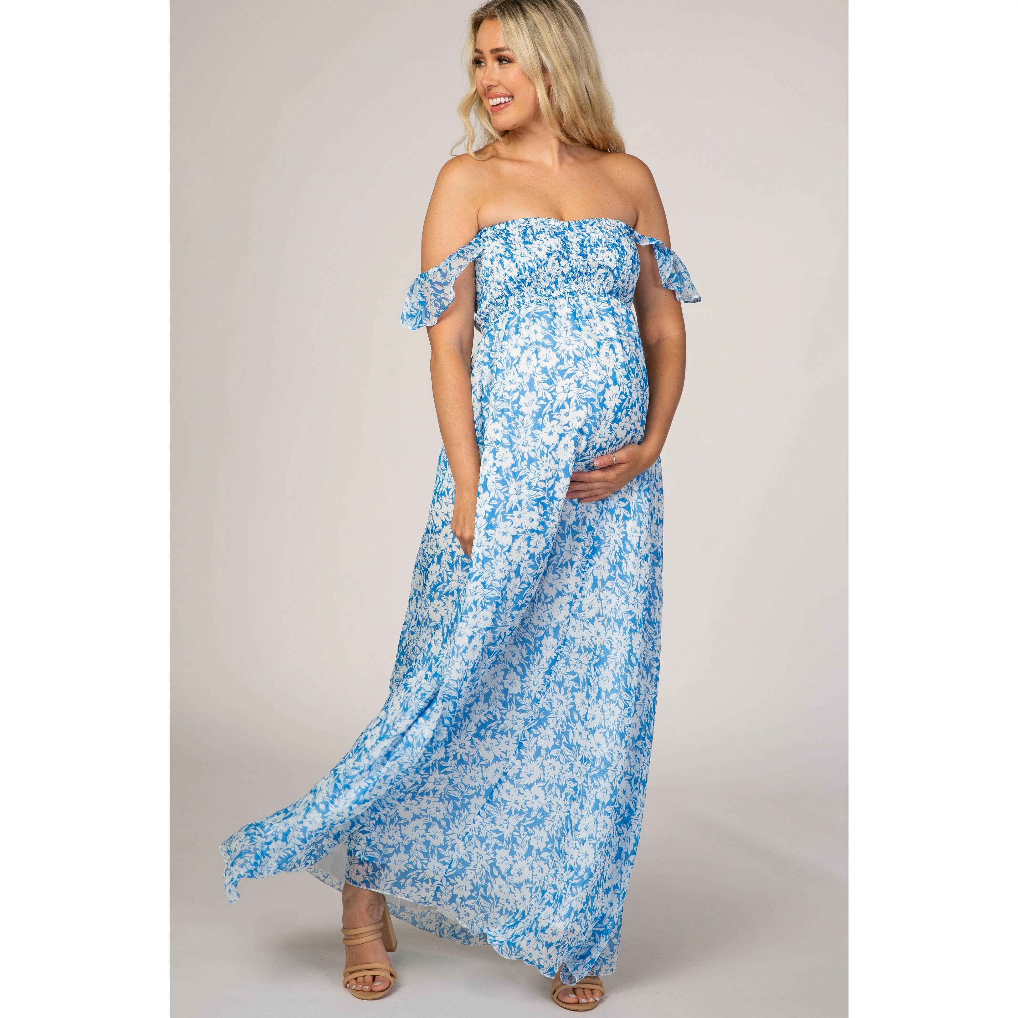 Blue Floral Flutter Sleeve Maternity Maxi Dress, Maternity Wear, Pregnancy