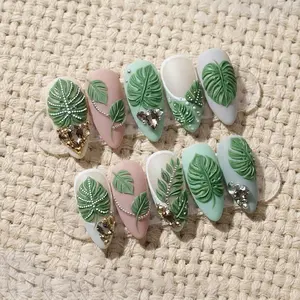 Green Tropical Plant Press On Nails | 3D Monstera Leaf Almond Fake Nails | Handmade Summer Nail Art