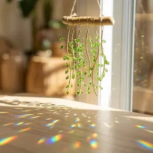 Green Willow Crystal Plant Suncatcher - Handmade Bohemian Hanging Decoration with Real Wood & Crystal Glass Beads, Rainbow Light Catcher for Home & Garden, Mother's Day Gifts for Mom, Faux Ivy Wall Art Planter DIY