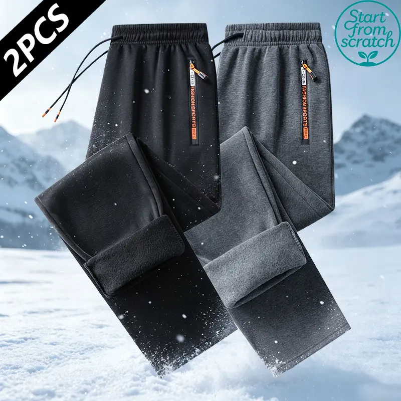 Pack of 2 men’s fleece pants for autumn/winter, featuring an elastic drawstring waist and zippered pockets; winter apparel in a solid color—durable and comfortable, suitable for hiking, outdoor activities, streetwear, and fashion.