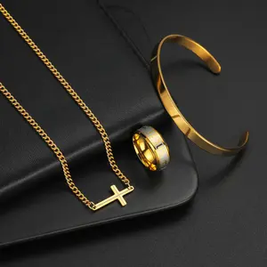 3-Piece Minimalist Gold Jewelry Set - Cross Pendant Necklace, Bangle & Ring