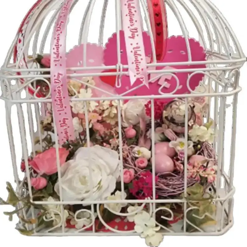 LOVE Shabby Chic Lover's Birdcage Handcrafted French Country Theme with Pink Nest of Eggs, Floral and Rose Design with Triple Bow Ribbon on Top Decor Farmhouse