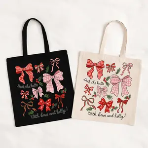 Deck the Halls with Bows and Holly Tote Bag, Retro Christmas Bow Canvas Bag, Vintage Holiday Gift Bag for Women and Teachers, Gift Bag 2025