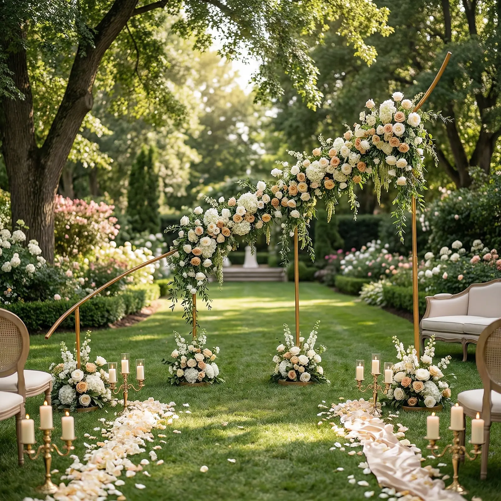 8x12 ft Heavy-Duty Metal Frame Gold Arch Backdrop Stand - Right-Side Curved Wave, Stable Round Bases, Balloon-Ready Arch, Hooks for Flowers, LED-Friendly Setup, Fits LED & Lights, for Wedding & Birthday Decor