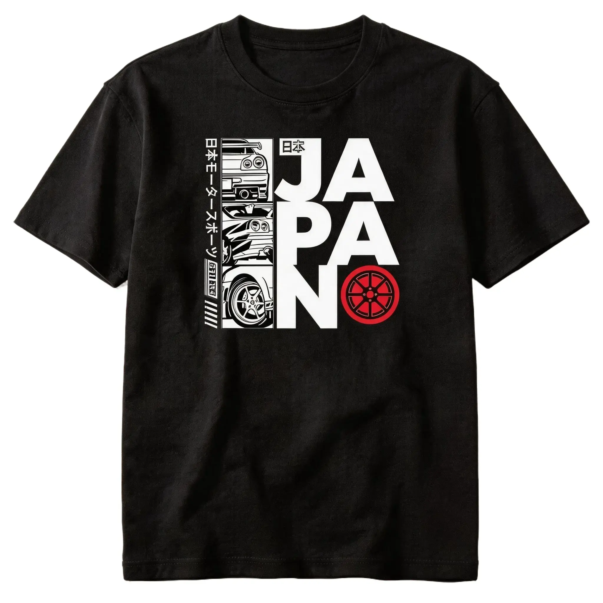 Unisex Cotton Crew Neck Short Sleeve T-Shirt - JAPANO JDM GTR R34 Vertical Japanese Text Red Wheel Graphic, Comfortable Cut, Multi-Size Auto Fan Gear for Fans of Retro Racing Cars, Casual Sports Top, All Seasons