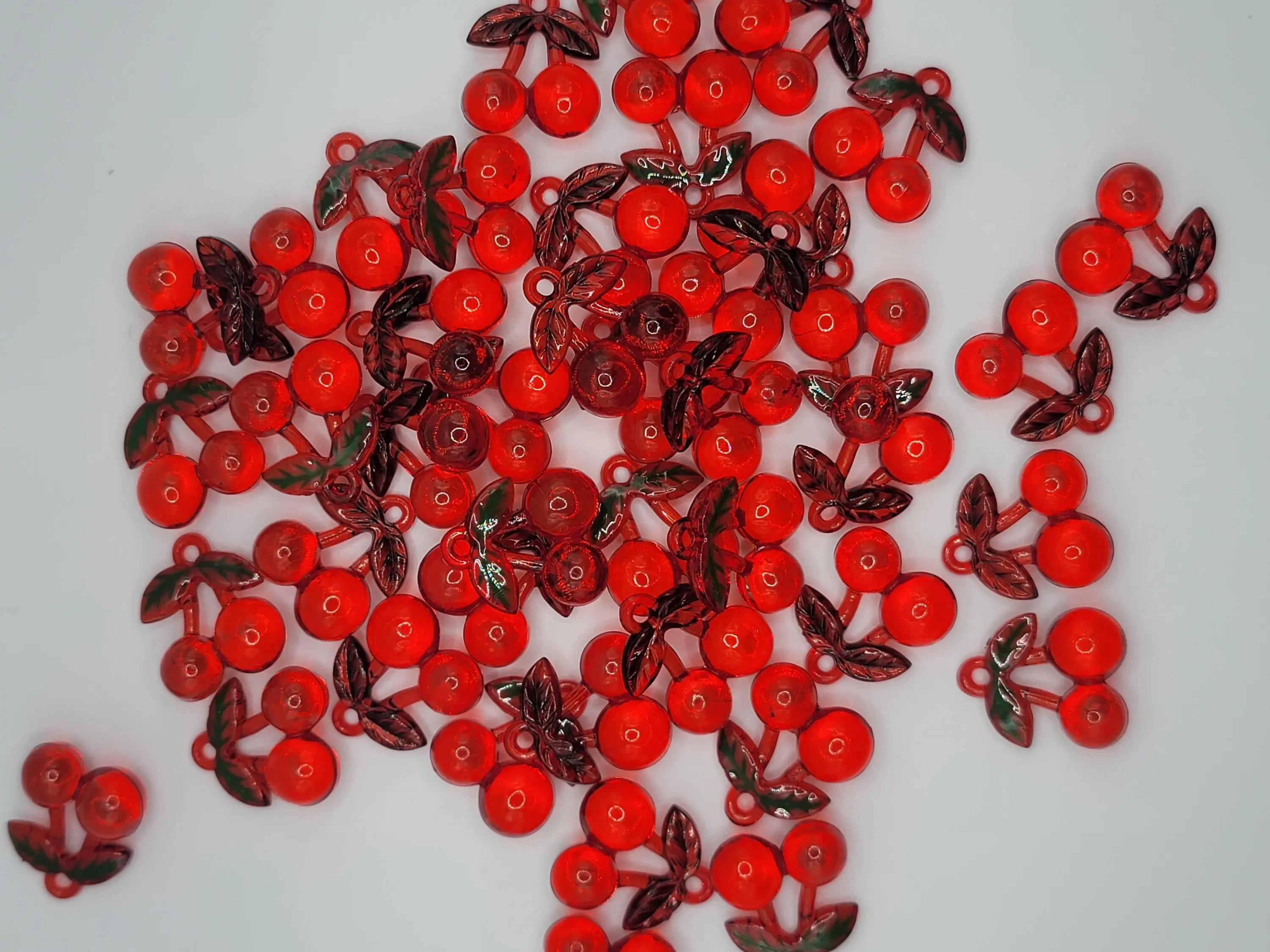 Red Cherry Translucent Decorative Charms - Stylish Playful Cute Green-Detailed Leaves Acrylic Charms, 25mm Tall, DIY Beading & Jewelry Making Supplies, Handmade Earrings Parts, Choking Hazard Small Parts