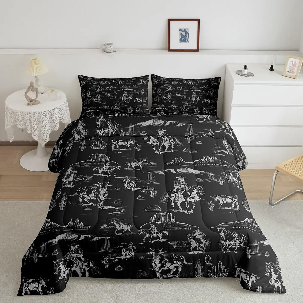 Feelyou Wild West Cowboy Decorative Bed Comforter Set - Western Luxury Bedding, Rodeo Style Cozy Black Microfiber Duvet Set, Decorative Bedding Set