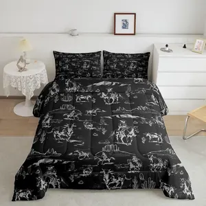 Wild West Cowboy Designer Comforter Set,Western Decor Luxury Bedding Set,Rodeo Cowboy Style Cozy Comforter,Black Microfiber Duvet Set