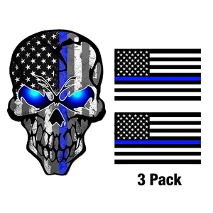 3PCS Reflective Thin Blue Line Decals – American Flag Stickers & Skull Police Support Decal, Weatherproof Vinyl for Cars, Trucks, Laptops & Gear