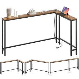 YATINEY Narrow Console Table with Outlets, 78.7" Sofa Table Narrow Long, L Shaped Behind Couch Entryway Table with Charging Station, for Living Room, Hallway, 3 Assembly Options, Rustic Brown