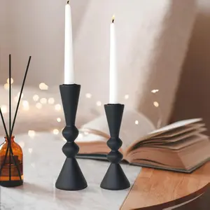 2 Candle Holder Black Candlestick Holders-Taper Candle Holders for Candlesticks Set of 2,Double Modern Wooden Small Candle Sticks Candle Holder for Decor（7.5"/6" H）