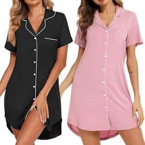 Women's Pajamas Button Down Nightgown Short Sleeve Sleepwear Boyfriend Nightwear Sleepwear Dress Loungewear Soft Anniversary Breathable Womenswear Bridal