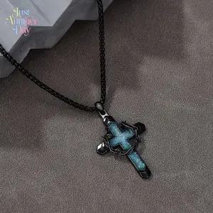 Thorn Wreath Cross Necklace - Vintage Turquoise Inlay, Black-Plated Punk Chain, Gothic & Hip Hop Style Jewelry, Men's Accessories for Camping & Hiking