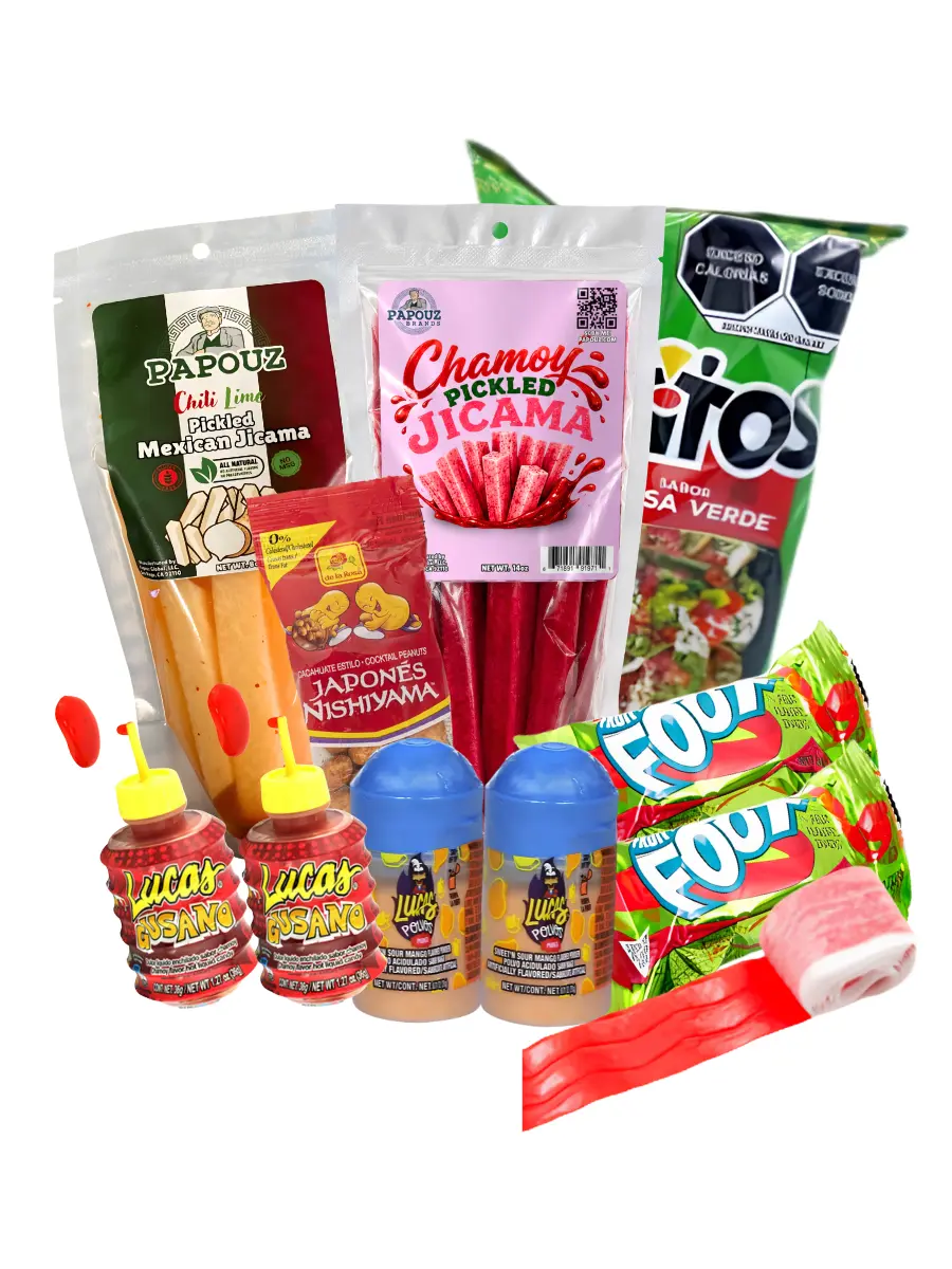 Chamoy Pickle Jicama Kit - Mexican Pickle in a Pouch with Chamoy candy, lucas gusano, fruit by the foot, tostitos, takis, cotton candy, chamoy pickle brine, chili lime pickle brine, pickle snack, pickle candy, mexican candy, dulceria, candyshop, sweets